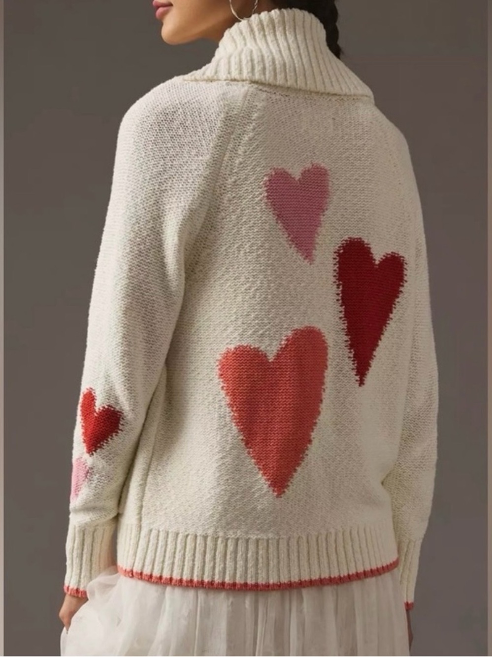Anthropologie Maeve Heart Cardigan Sweater, Cream / Pink / Red, XSP